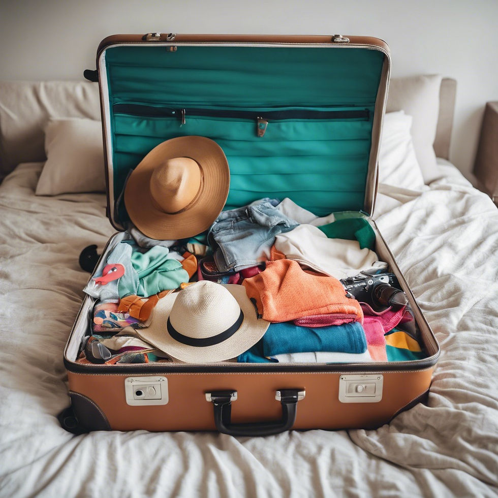 suitcase laying open on a bed with lots of colorful items to be packed for a beach vacatio