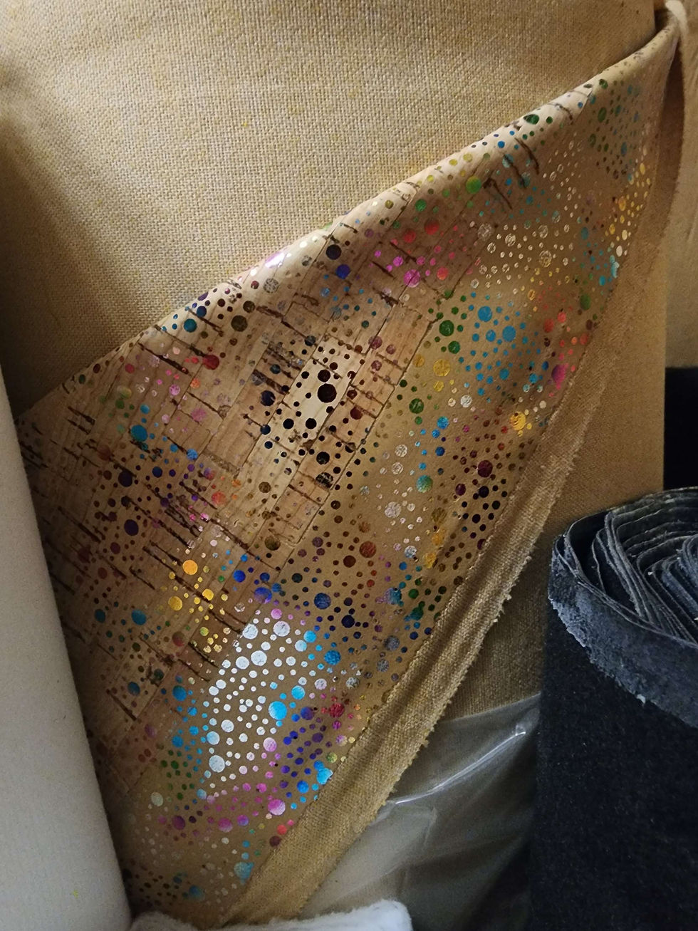 Thumbnail: Cork fabric with rainbow metallic drops