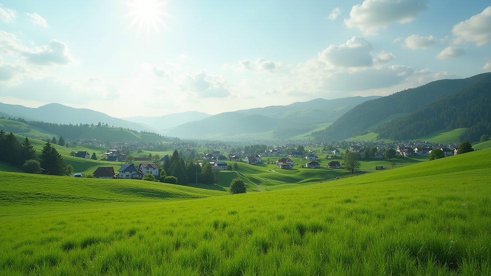 Wide angle view of green residential plots with hills in the background
