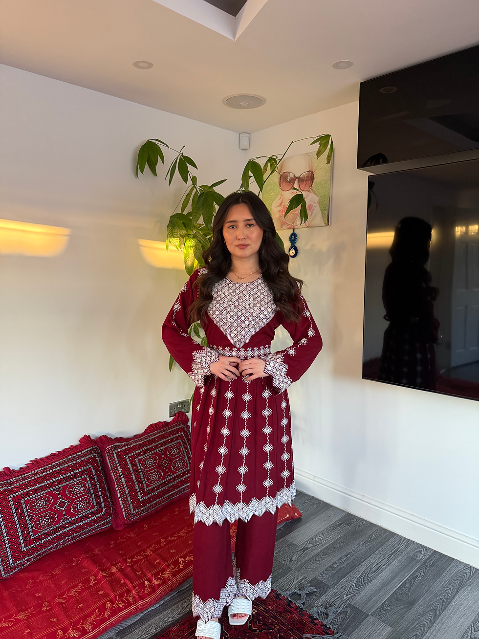 Thumbnail: Burgundy mirror dress with trousers available 