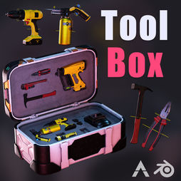 A large set of rigged tools in a toolbox. Tools such as hammer rig, drill rig, torch rig, nailgun rig, goggle rig and so on. Movie-quality rigged asset for Blender.