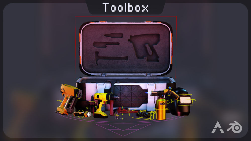 Tools and toolbox rig by TOAnimate Academy. A rigged toolbox and a many tools for blender. This and many more rigs available at TOAnimate Store, an asset store filled with high quality Blender rigs.