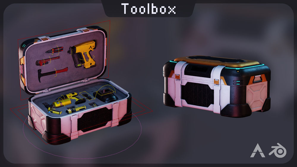 Tools and toolbox rig by TOAnimate Academy. A rigged toolbox and a many tools for blender. This and many more rigs available at TOAnimate Store, an asset store filled with high quality Blender rigs.