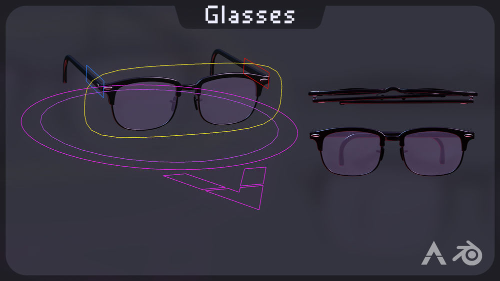 Glasses & Sun Glasses rig by TOAnimate Academy. A rigged pair of glasses for blender with the option to switch into shades. This and many more rigs available at TOAnimate Store, an asset store filled with high quality Blender rigs.