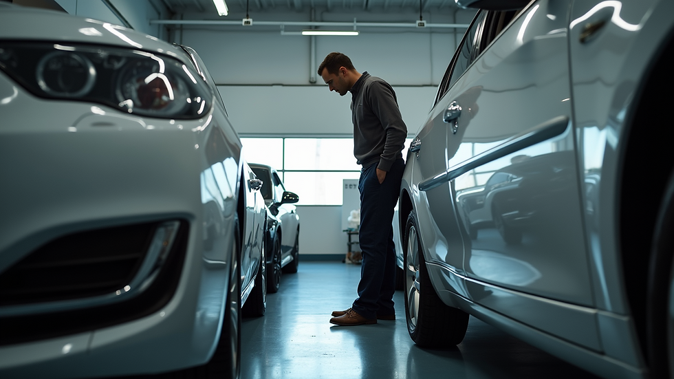 Eye-level view of a person inspecting a used car