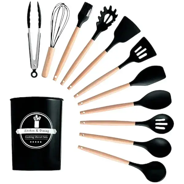 Miniatura: Kit C/12 Utensílios De Cozinha Silicone Cabo Madeira (smk09)