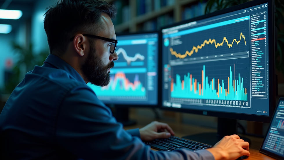 Eye-level view of a cybersecurity professional analyzing data on a computer screen