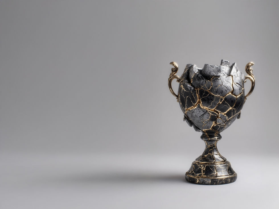 A fractured, dark marble trophy, broken into many pieces, is held together by a network of shining golden lacquer veins, illustrating the Japanese art of Kintsugi. This image, from a business article about delivering bad news to a team, serves as a visual metaphor for embracing a mistake not as a permanent failure, but as a critical learning point that can strengthen a team's resilience, trust, and future collaboration when handled with leadership, honesty, and empathy. The contrast between the broken stone and the precious gold highlights how transparent communication and a unified effort to 'repair' the situation can create something more valuable and durable than before.
