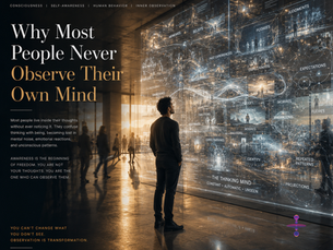 An individual standing outside a transparent representation of their own mind, observing thoughts, emotions, and patterns moving within it, symbolizing self-observation and awareness.