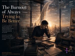 An exhausted individual surrounded by floating productivity goals, habit trackers, achievement charts, and self-improvement targets, symbolizing burnout, perfectionism, and emotional fatigue.