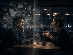 Two individuals talking while mentally disconnected