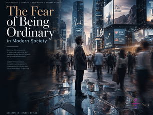 A solitary individual standing still within a fast-moving crowd in a modern city, symbolizing identity anxiety, social comparison, and the fear of being ordinary in contemporary society.