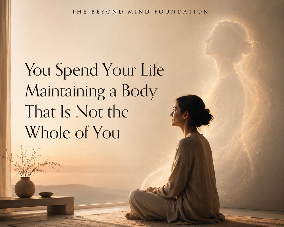 A reflective person observing their physical reflection while a subtler observing presence suggests the distinction between the body and the deeper sense of self.