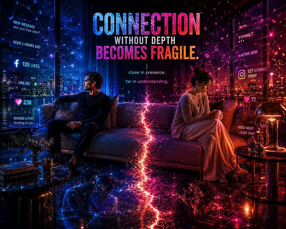 Two individuals sitting side by side in a contemporary setting, physically close yet emotionally distant, separated by subtle symbolic space representing emotional detachment, vulnerability, and modern relationship psychology.