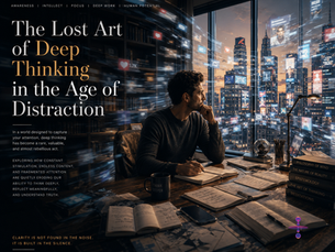An individual attempting to think deeply while surrounded by chaotic digital notifications, screens, and streams of information, symbolizing cognitive fragmentation and the struggle for focus.