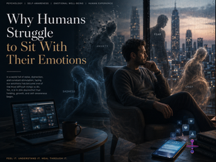 An individual sitting quietly in a dimly lit space while emotional shadows and symbolic forms emerge around them, representing emotional avoidance, vulnerability, and the process of emotional awareness.