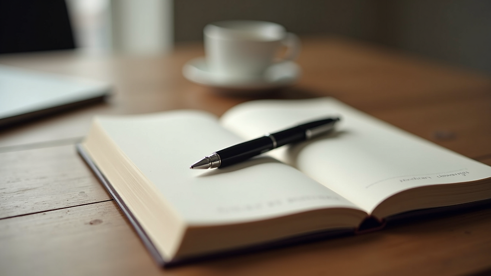 Close-up view of a journal and pen on a wooden table, symbolizing reflection and growth