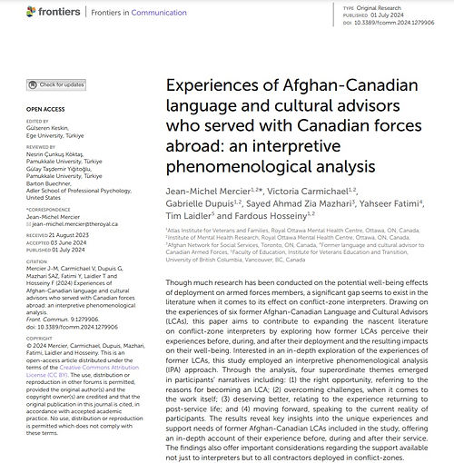 Research Article titled Experiences of Afghan-Canadian language and cultural advisors who served with Canadian forces abroad: an interpretive phenomenological analysis