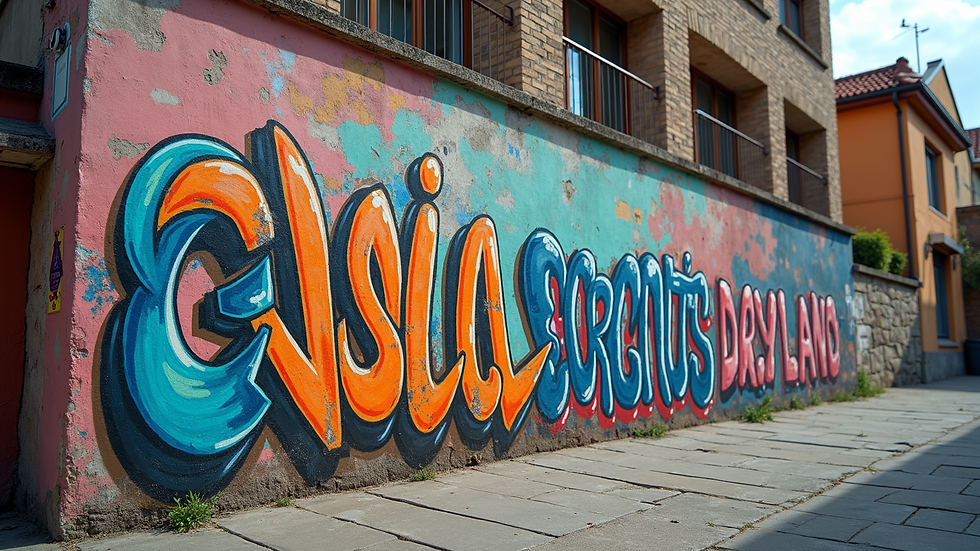 Wide angle view of a colorful mural on a city wall