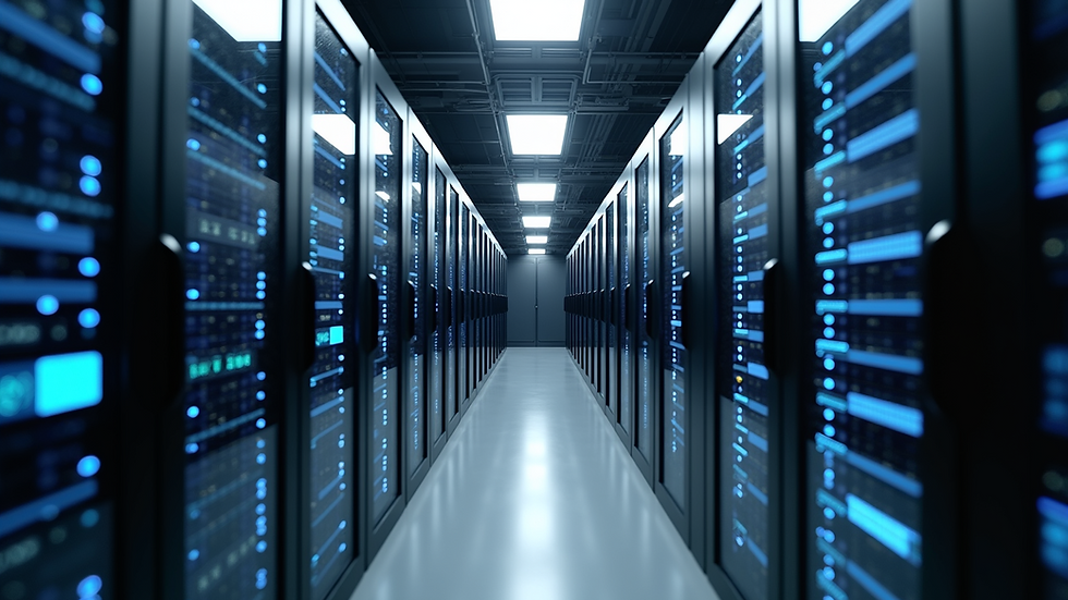 High angle view of a modern data center with extensive server racks