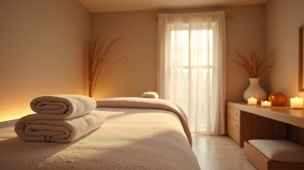 Eye-level view of a serene massage room with soft lighting and calming decor
