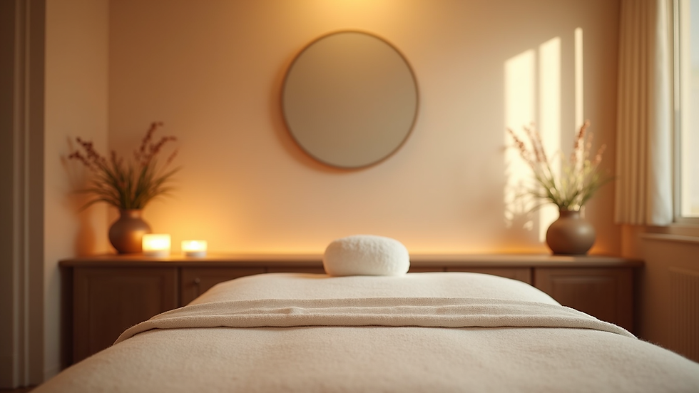 Eye-level view of a serene massage room with soft lighting and calming decor