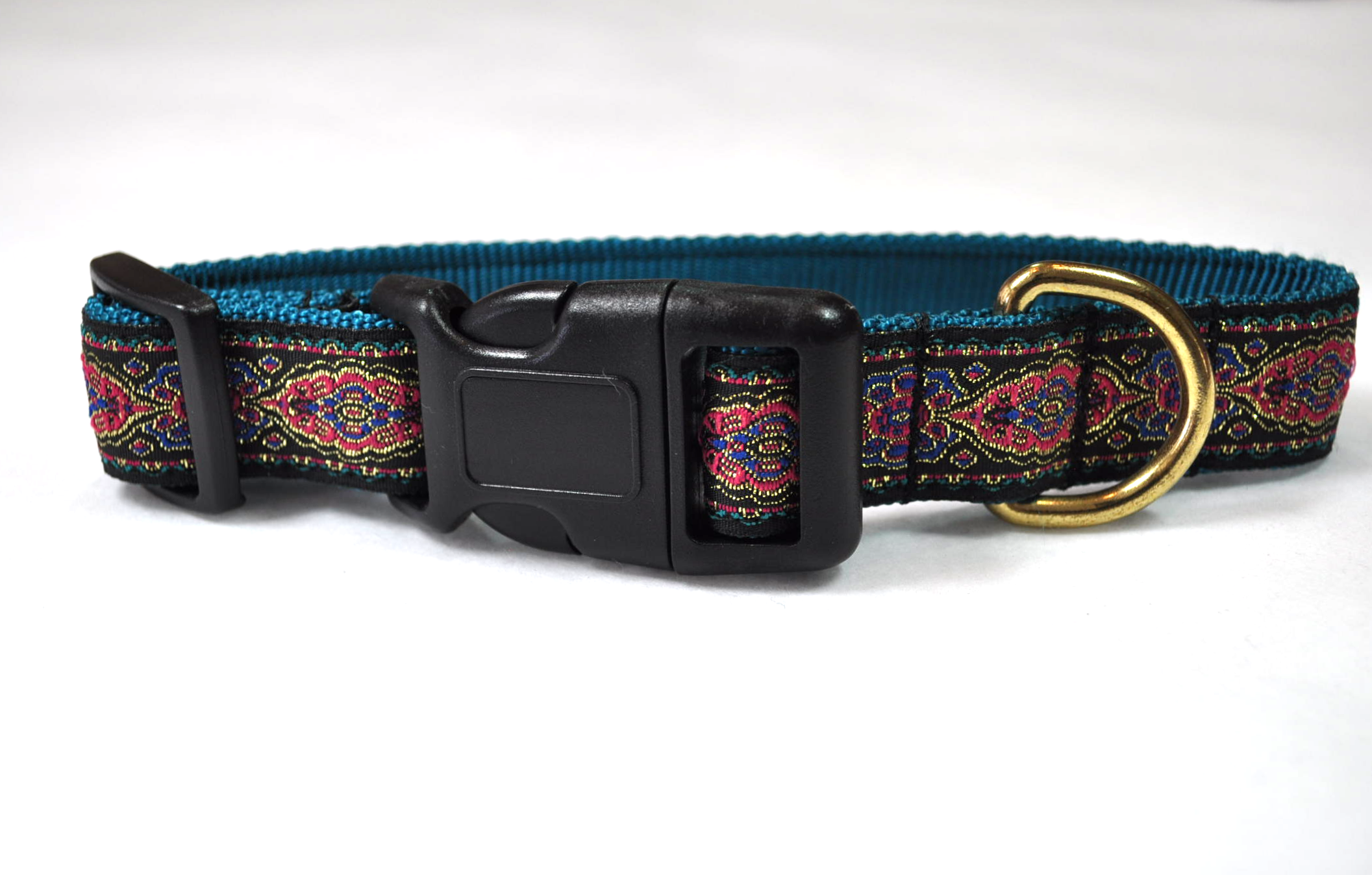 Persian Band,  Fuschia, Royal, Gold on Teal webbing, 1 inch