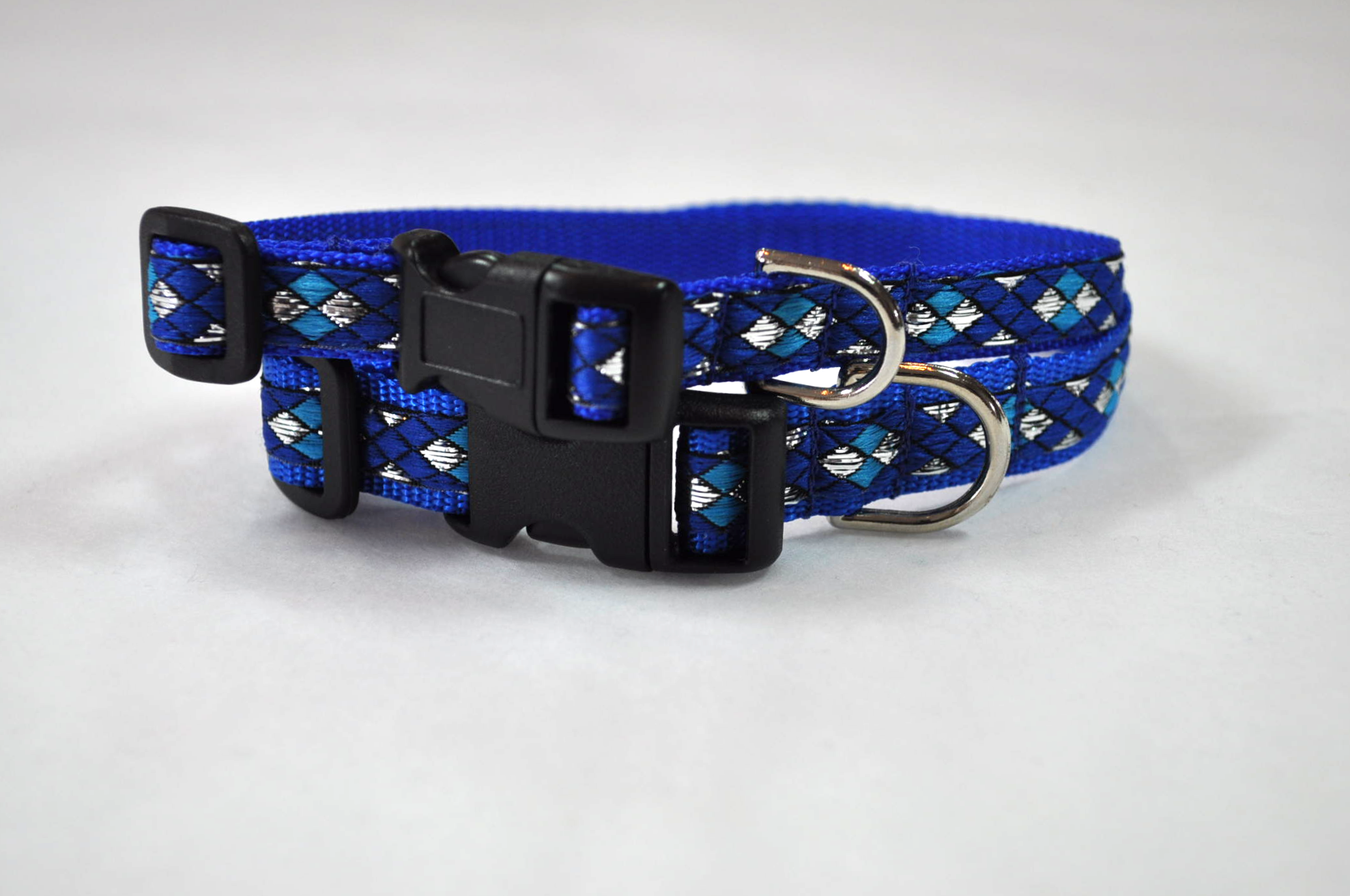 Metallic Diamonds, Royal/Turquoise/Silver  on 5/8 inch Royal webbing