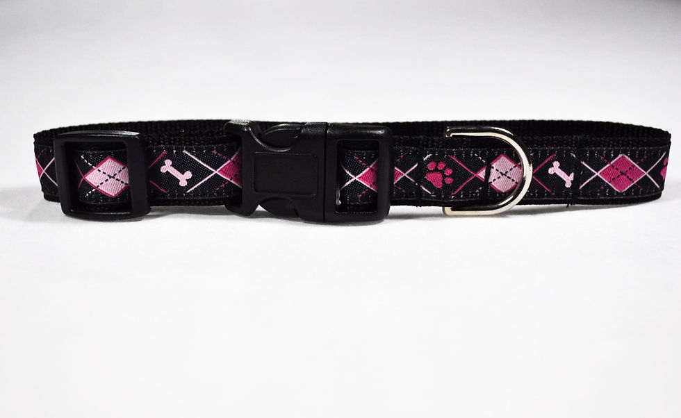 Argyle Bones and Paws, Pink/Hot Pink/Black on 5/8 inch Black webbing