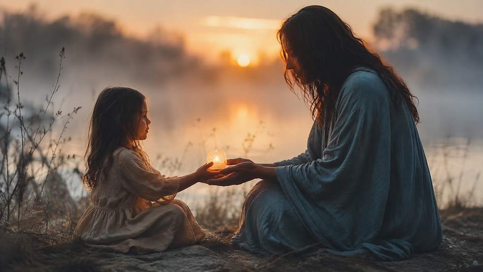 A serene woman stands in a golden mountain landscape with one hand over her heart and the other extended as a luminous infinity wave flows through the surrounding light.