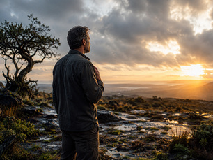 A contemplative man stands in a rain-washed landscape with one hand over his heart as warm morning light breaks through the clouds.