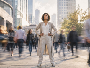 A powerful figure stands still at the centre of a busy city scene while people move in a blur around them, symbolising inner steadiness, presence and sovereignty amid the movement and noise of life.