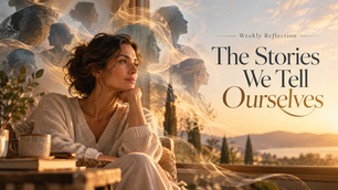 A thoughtful woman sits beside a window, surrounded by translucent silhouettes representing the stories and thoughts that occupy her mind. Warm golden light fills the scene, with the title “The Stories We Tell Ourselves” displayed on the right.