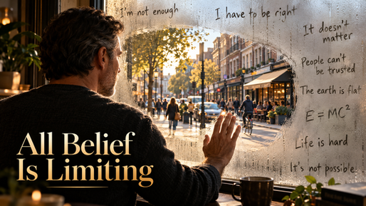 A man looks through a misted window covered in personal, social and scientific beliefs. A cleared section reveals the everyday world beyond, illustrating how beliefs shape our experience of reality.