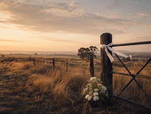 A quiet farm landscape at golden hour, with a dirt track, dry grass, and a weathered farm gate marked with a white ribbon and flowers in memory of a life lost.