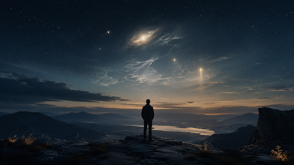 A solitary figure stands beneath a vast night sky with subtle lights above, reflecting on disclosure, uncertainty, and inner authority.