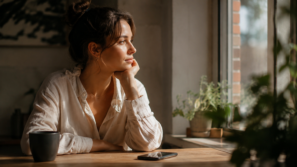 A person sitting quietly beside a phone, reflecting in soft light, symbolising the human longing for presence in the age of AI companionship.