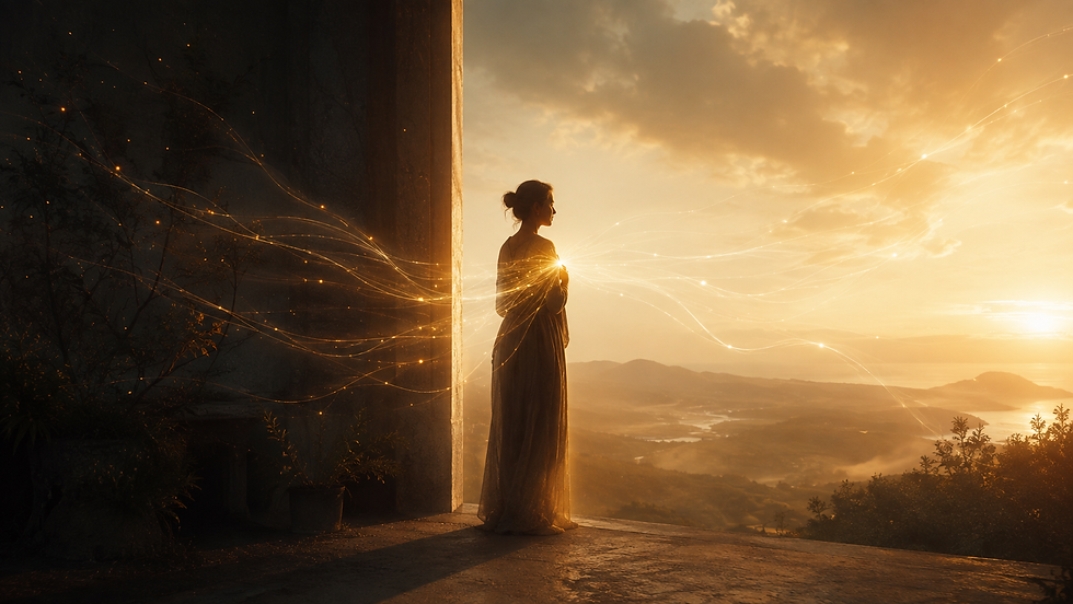 A solitary figure standing between shadow and golden light as luminous threads return toward the heart, symbolising self-retrieval and coming home to oneself.