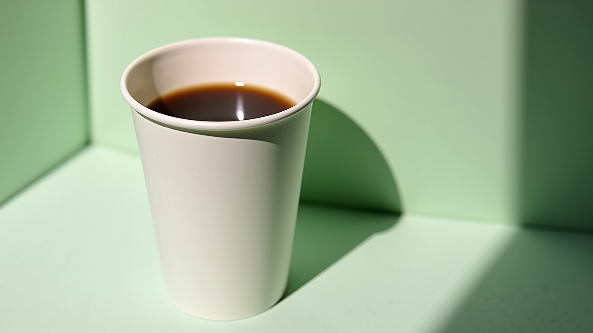 side photo of a white paper cup with coffee in it