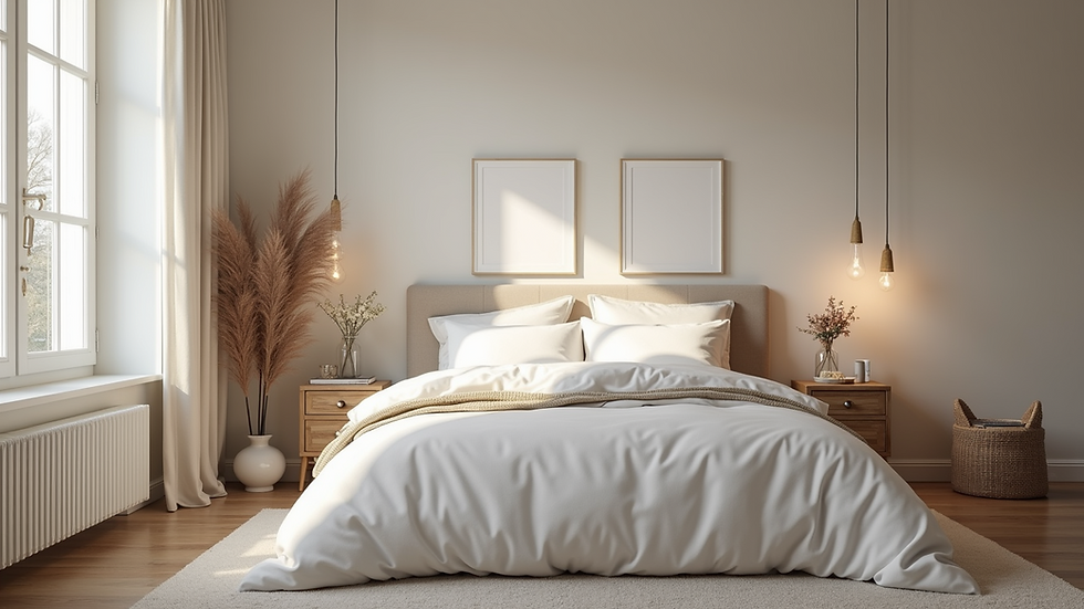 Wide angle view of a beautifully styled bedroom with a comfortable bed