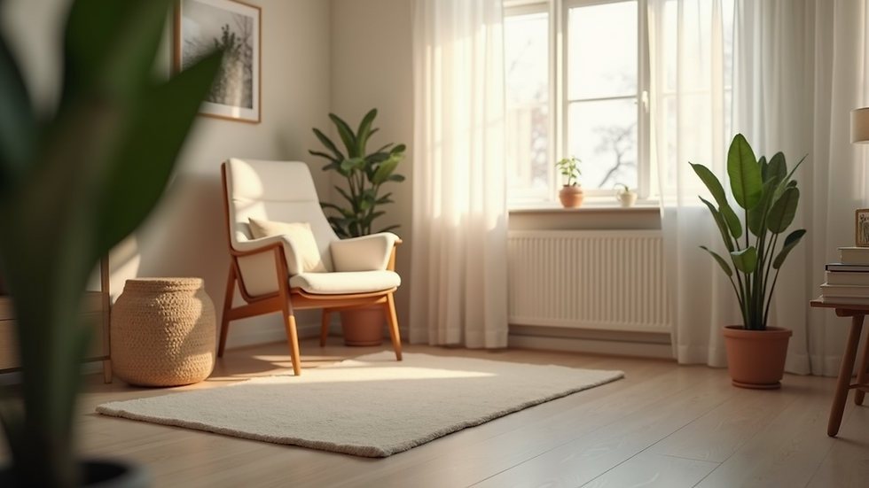 Eye-level view of a cozy therapy room with a comfortable chair and soft lighting