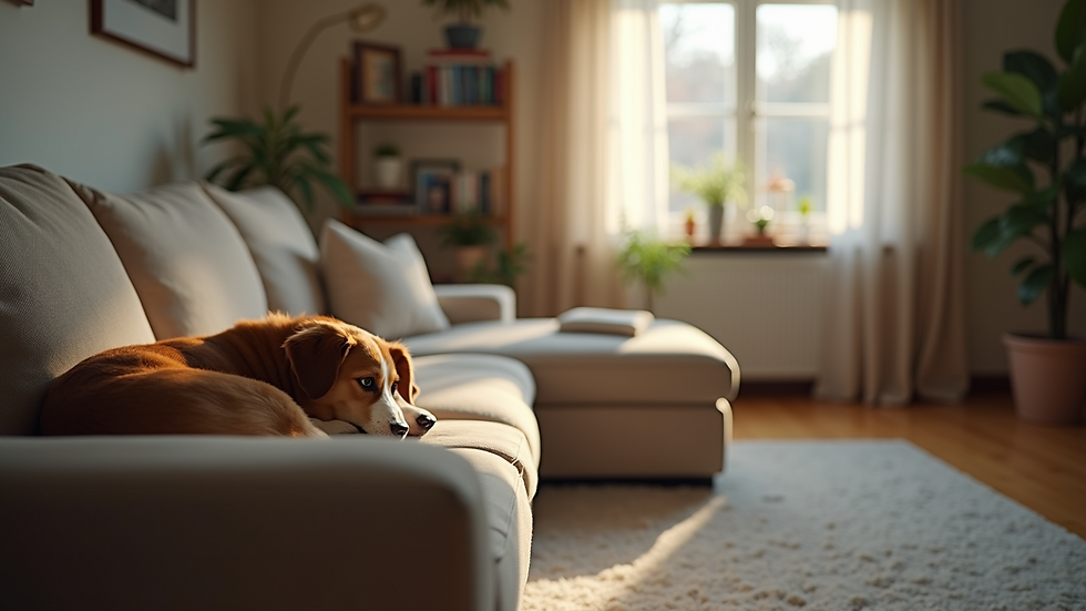 Eye-level view of a cozy living room with a dog resting on a couch