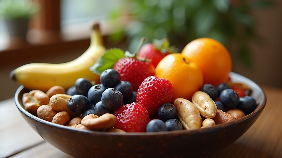 Close-up of a vibrant bowl of mixed fruits and nuts on a wooden table