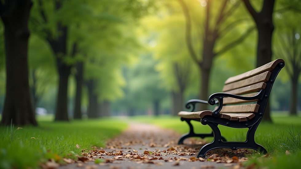 Eye-level view of a peaceful park bench surrounded by green trees