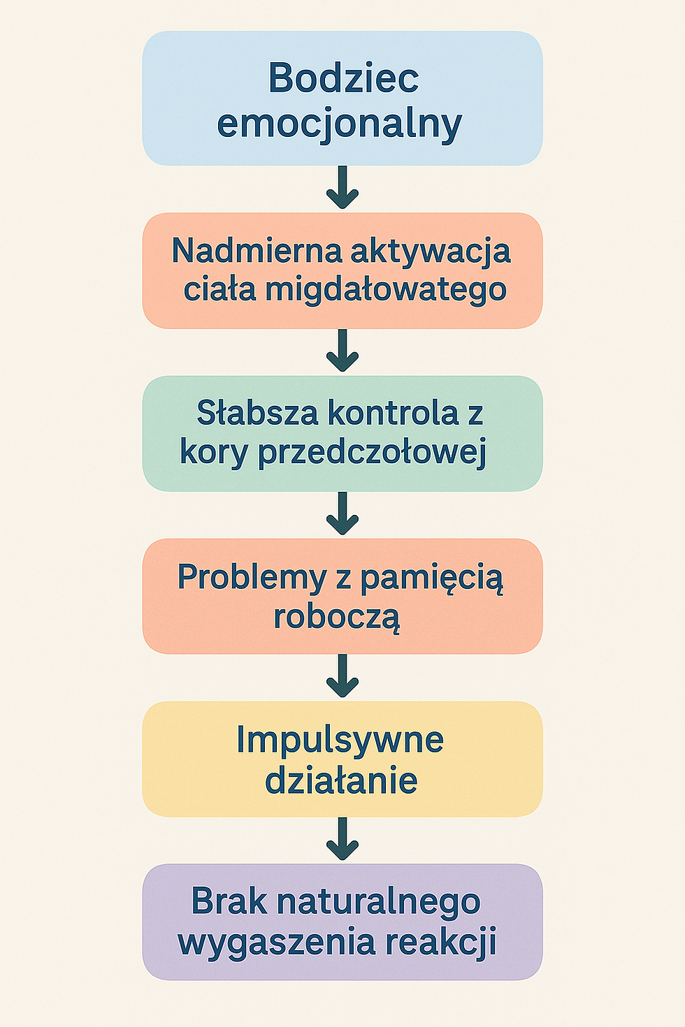 Schemat neurobiologiczny tłumaczący dysregulację emocjonalną w ADHD.