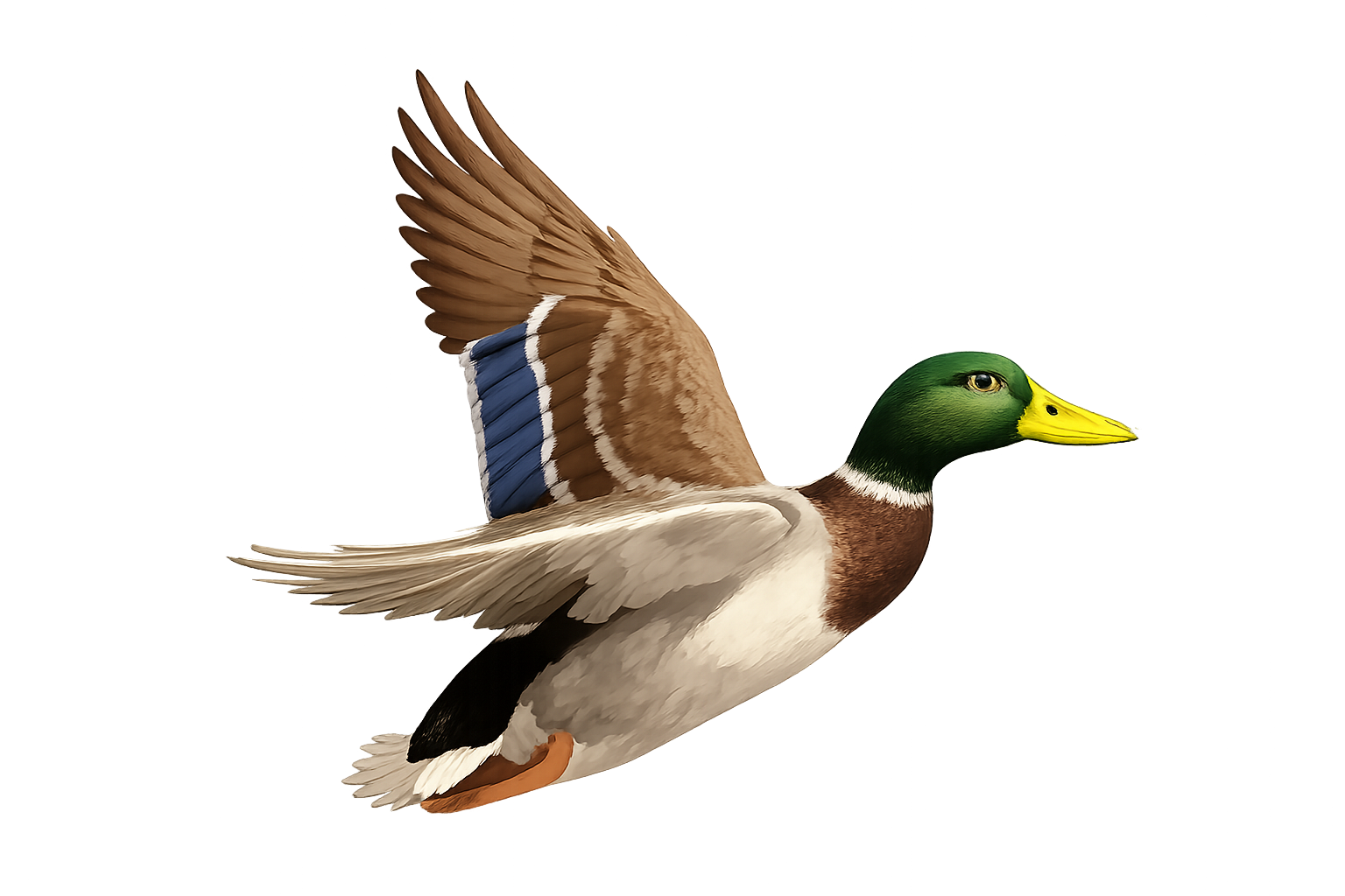 Mallard duck in mid-flight