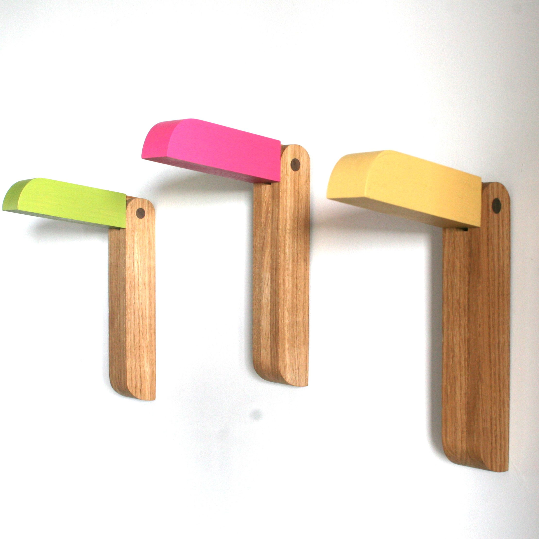 Oak toucan hooks with bright green, pink and yellow hook