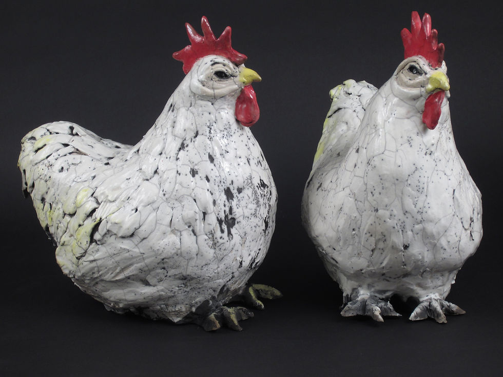 White crackle raku chickens
