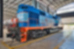 A blue-and-orange diesel locomotive from EMD.