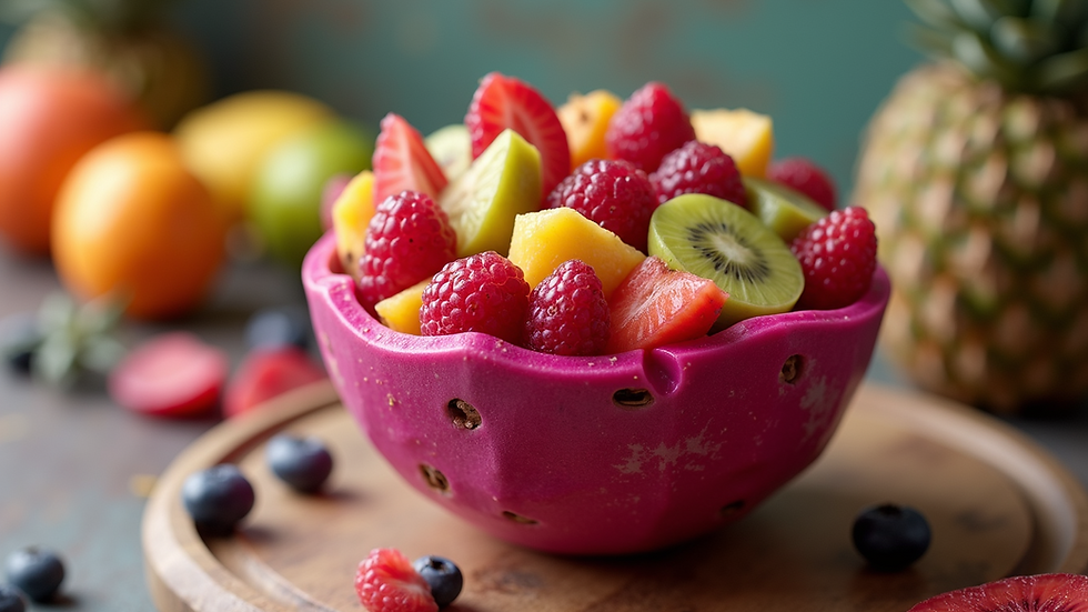 Close-up view of a colorful pitaya bowl topped with fresh fruits